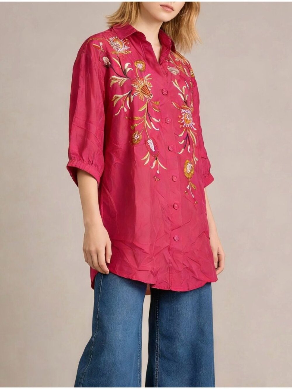 NWOT Johnny Was Silk Floral Embroidered Tunic Shirt Blouse Pink Size S